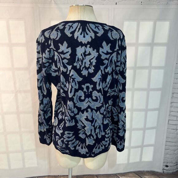 Chico's Blue Metallic Floral Knit Crew Neck Sweater Top Size 2 or Large - Picture 5 of 11